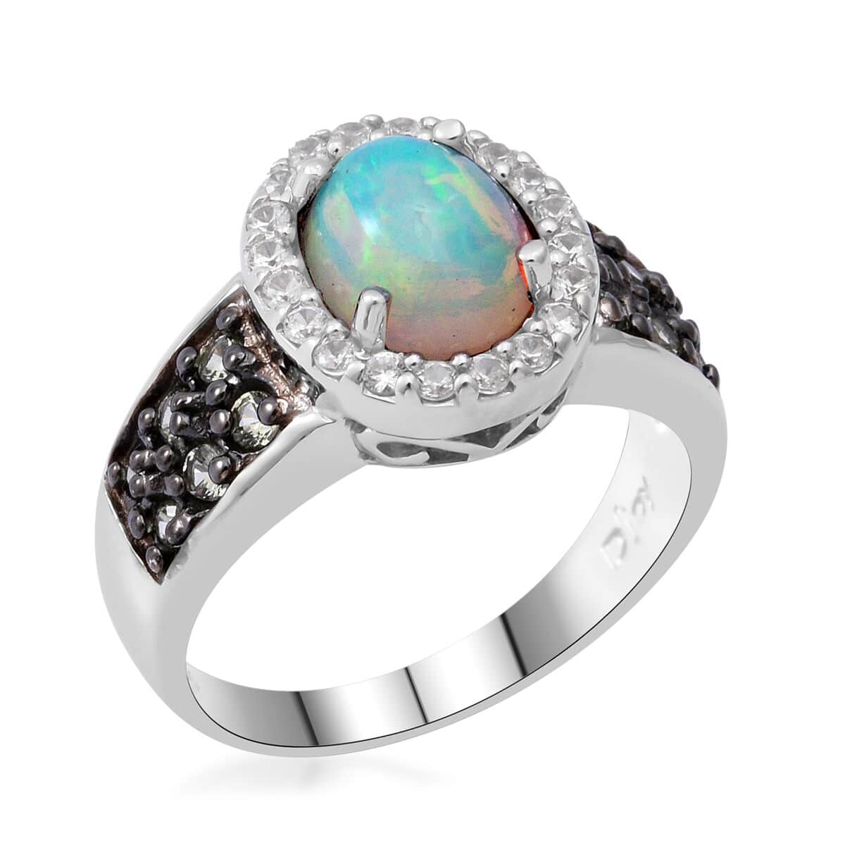 Premium Ethiopian Welo Opal, Green Sapphire and White Zircon Ring in Platinum Over Sterling Silver (Size 6.0) 2.00 ctw image number 2