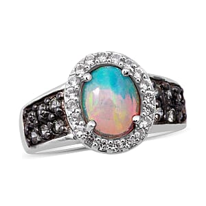 Premium Ethiopian Welo Opal, Green Sapphire and White Zircon Ring in Platinum Over Sterling Silver (Size 8.0) 2.00 ctw