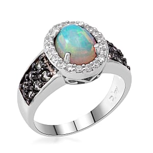 Premium Ethiopian Welo Opal, Green Sapphire and White Zircon Ring in Platinum Over Sterling Silver (Size 8.0) 2.00 ctw