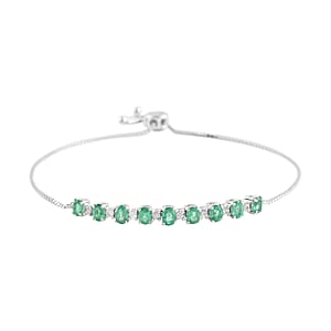 AAA Kagem Emerald and Natural White Zircon Line Bolo Bracelet in Rhodium Over Sterling Silver 1.85 ctw