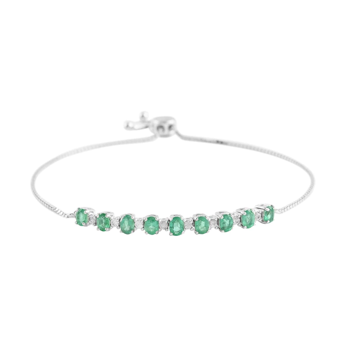AAA Kagem Zambian Intense Green Emerald and Natural White Zircon Line Bolo Bracelet in Rhodium Over Sterling Silver 1.85 ctw image number 0