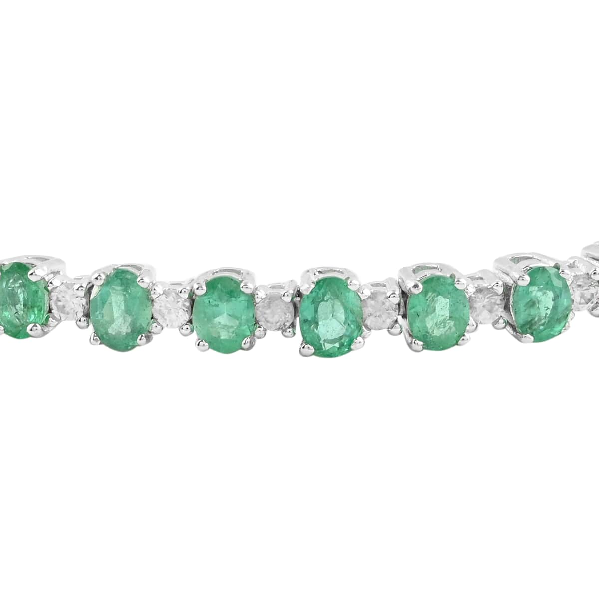 AAA Kagem Zambian Intense Green Emerald and Natural White Zircon Line Bolo Bracelet in Rhodium Over Sterling Silver 1.85 ctw image number 2