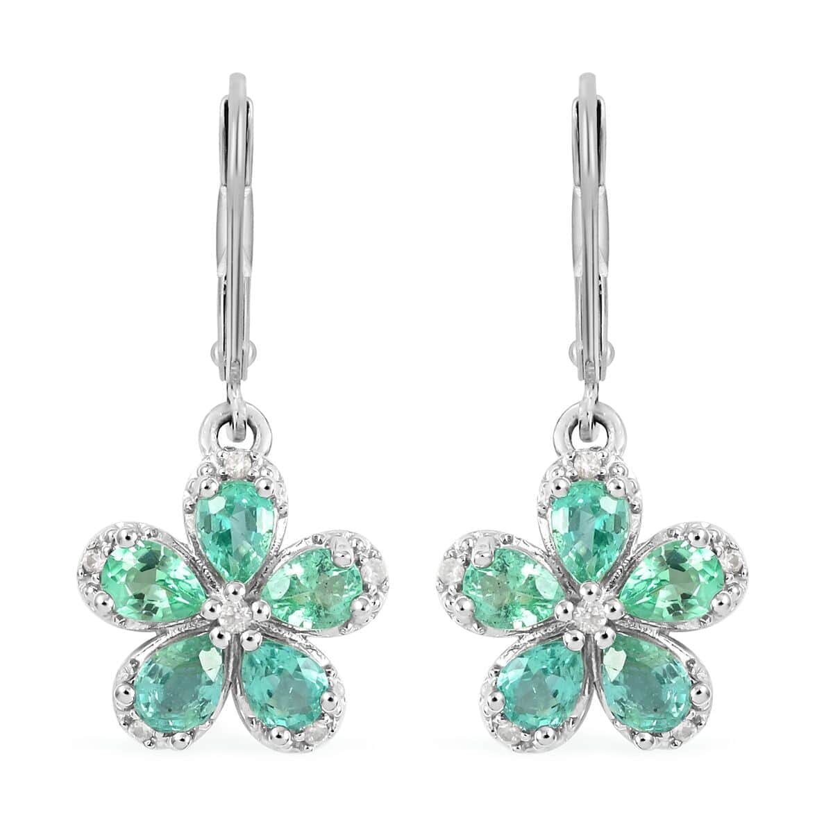 AAA Kagem Emerald and Natural White Zircon Flower Earrings in Rhodium Over Sterling Silver 1.40 ctw image number 0