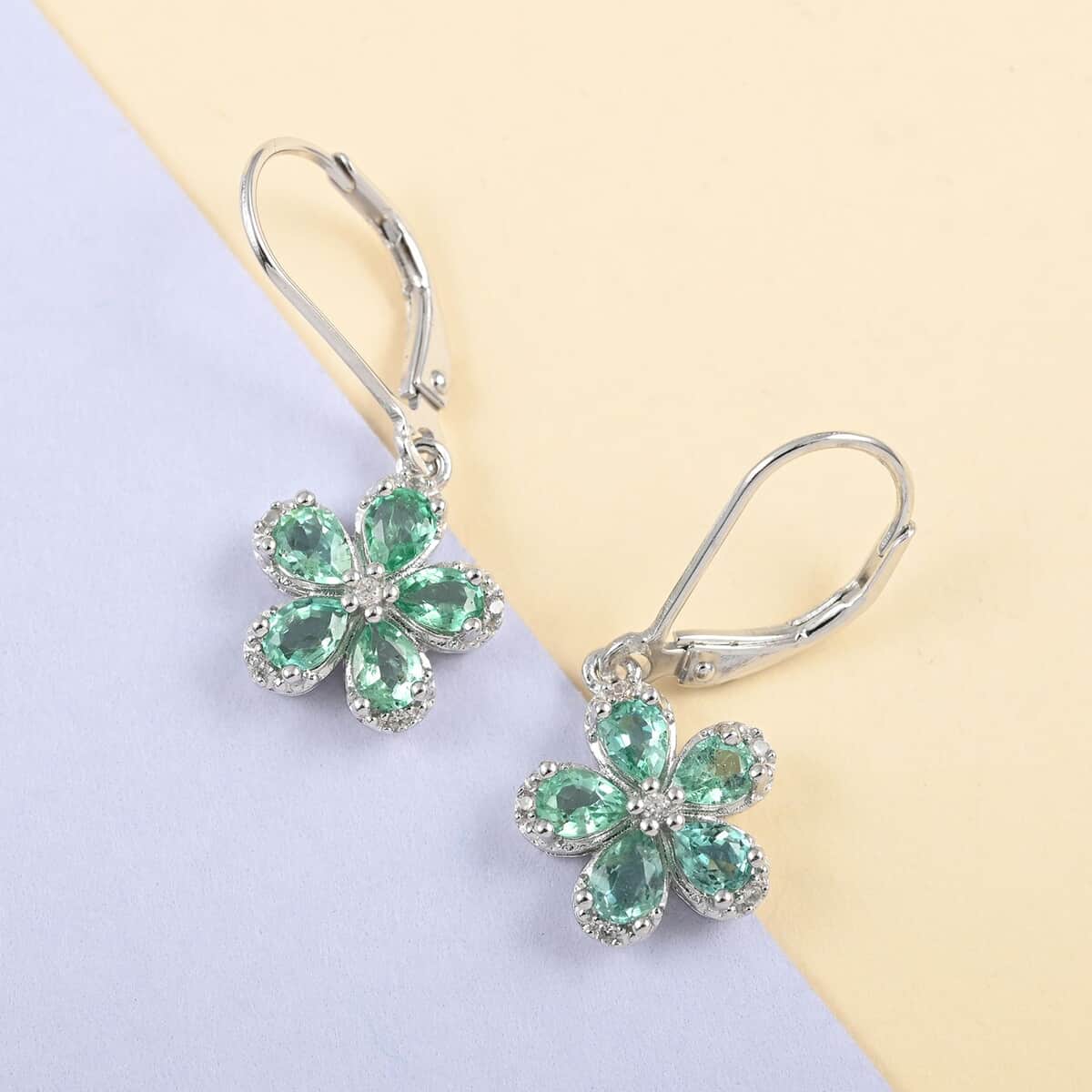 AAA Kagem Emerald and Natural White Zircon Flower Earrings in Rhodium Over Sterling Silver 1.40 ctw image number 1