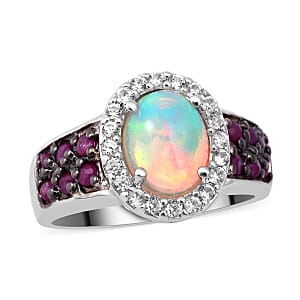 Premium Ethiopian Welo Opal, Niassa Ruby (FF) and White Zircon Ring in Platinum Over Sterling Silver (Size 9.0) 2.10 ctw