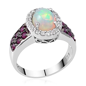 Premium Ethiopian Welo Opal, Niassa Ruby (FF) and White Zircon Ring in Platinum Over Sterling Silver (Size 9.0) 2.10 ctw