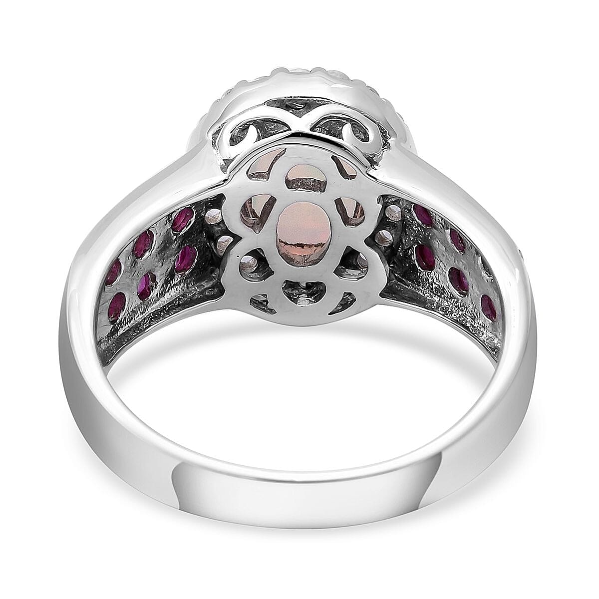 Premium Ethiopian Welo Opal, Niassa Ruby (FF) and White Zircon Ring in Platinum Over Sterling Silver (Size 9.0) 2.10 ctw image number 3