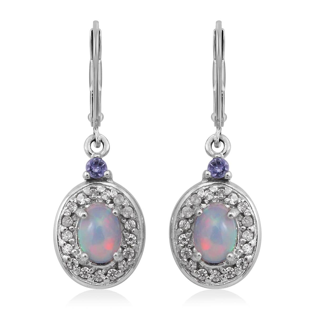 Premium Ethiopian Welo Opal, Tanzanite and White Zircon Lever Back Earrings in Platinum Over Sterling Silver 1.60 ctw image number 0