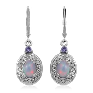 Premium Ethiopian Welo Opal, Tanzanite and White Zircon Lever Back Earrings in Platinum Over Sterling Silver 1.60 ctw