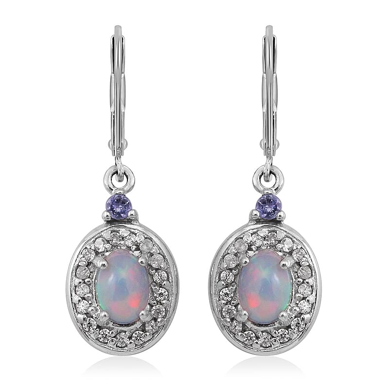 Premium Ethiopian Welo Opal, Tanzanite and White Zircon Lever Back Earrings in Platinum Over Sterling Silver 1.60 ctw