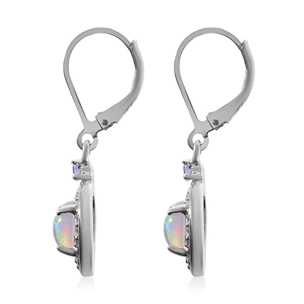 Premium Ethiopian Welo Opal, Tanzanite and White Zircon Lever Back Earrings in Platinum Over Sterling Silver 1.60 ctw image number 2