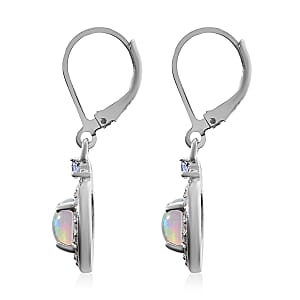 Premium Ethiopian Welo Opal, Tanzanite and White Zircon Lever Back Earrings in Platinum Over Sterling Silver 1.60 ctw