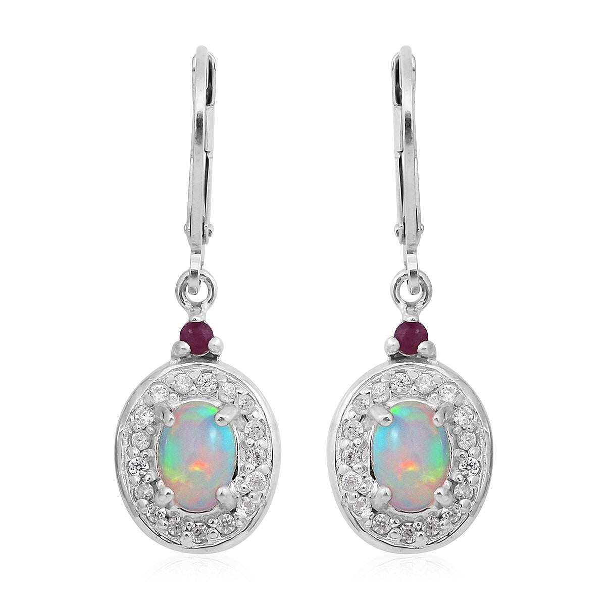 Premium Ethiopian Welo Opal, Niassa Ruby (FF) and White Zircon Lever Back Earrings in Platinum Over Sterling Silver 1.70 ctw image number 0