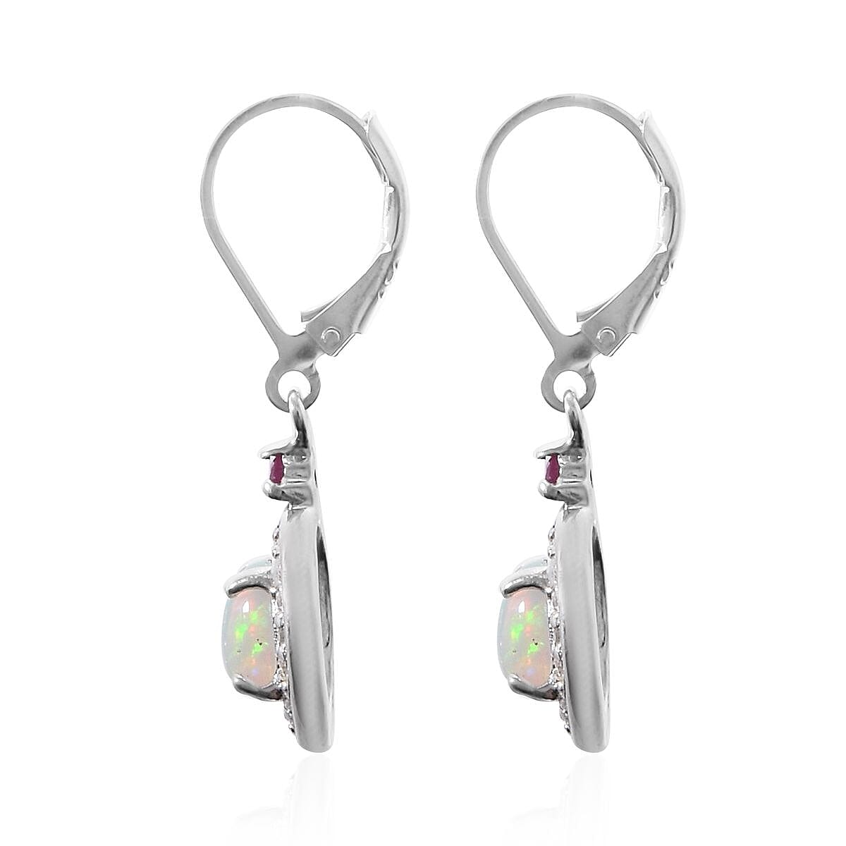 Premium Ethiopian Welo Opal, Niassa Ruby (FF) and White Zircon Lever Back Earrings in Platinum Over Sterling Silver 1.70 ctw image number 2