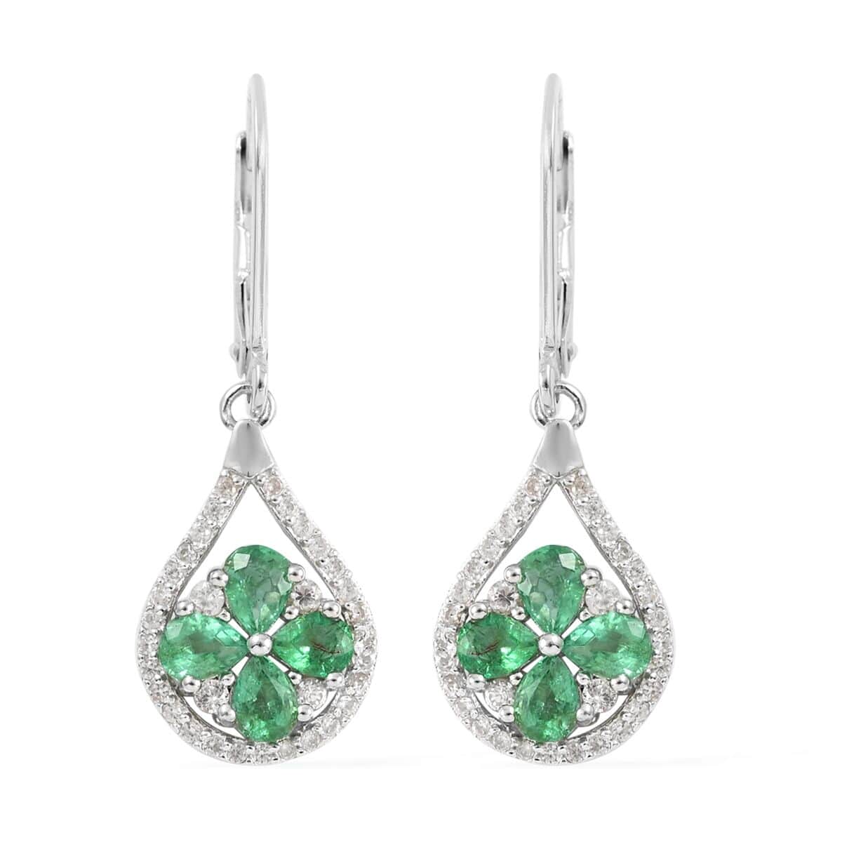 AAA Kagem Zambian Intense Green Emerald and Natural White Zircon Dangle Earrings in Sterling Silver 1.75 ctw image number 0