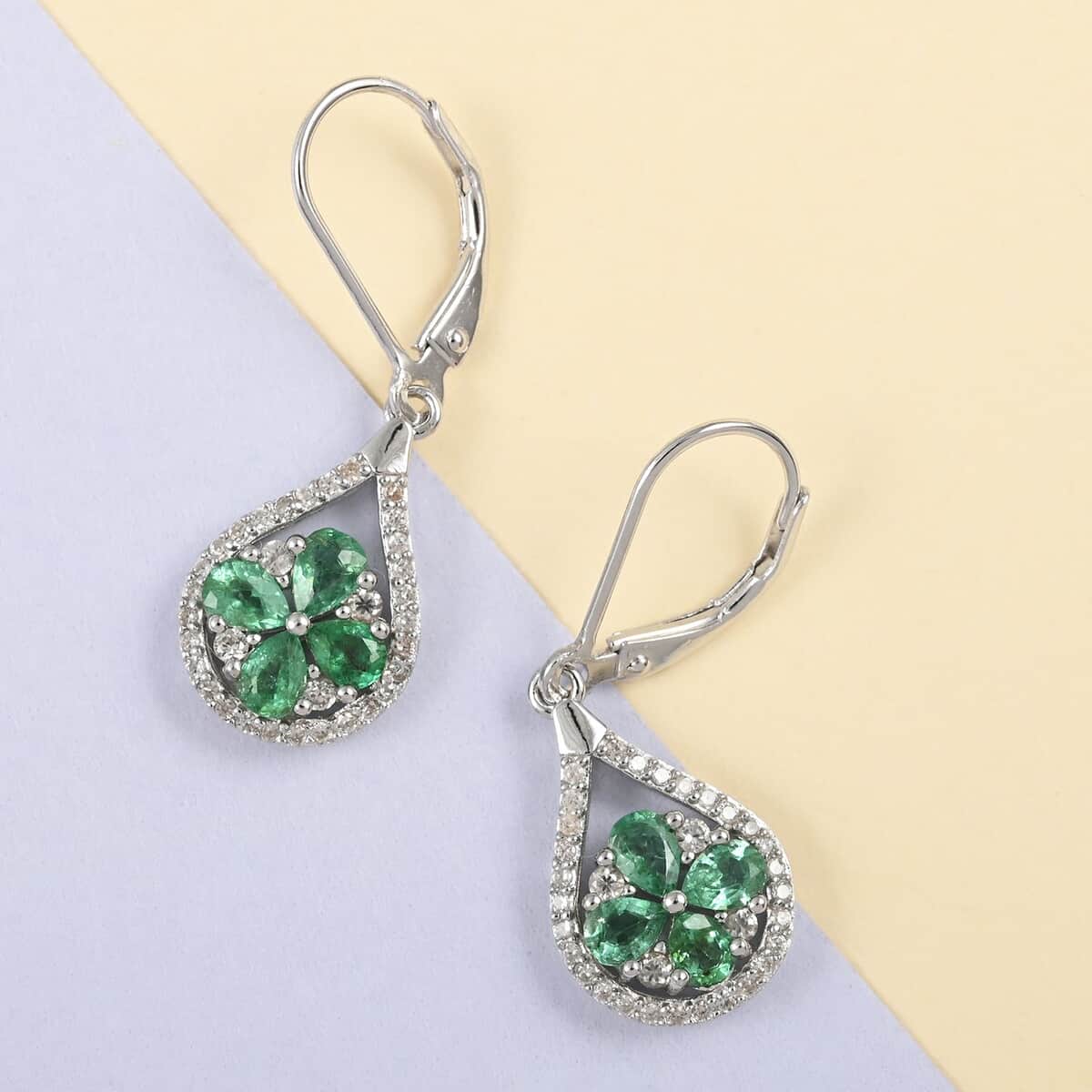 AAA Kagem Zambian Intense Green Emerald and Natural White Zircon Dangle Earrings in Sterling Silver 1.75 ctw image number 1