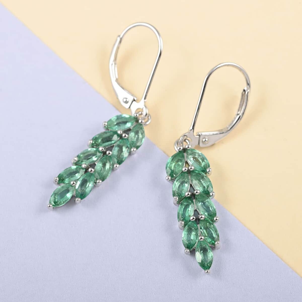 AAA Kagem Zambian Intense Green Emerald Leaf Earrings in Rhodium Over Sterling Silver 2.20 ctw image number 1