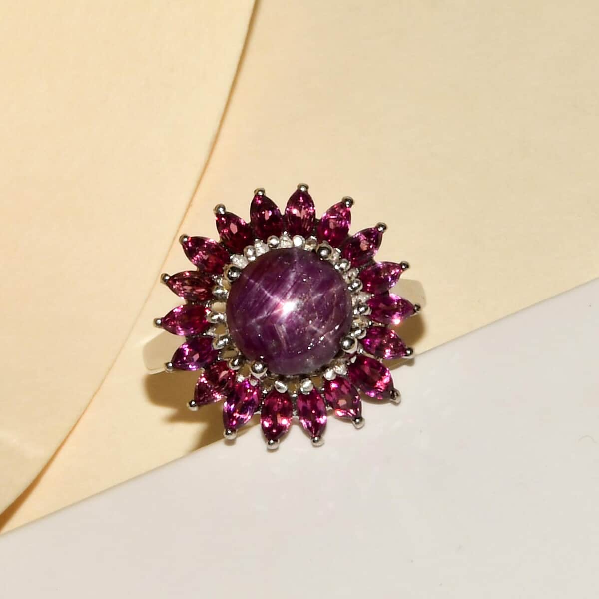 Indian Star Ruby and Orissa Rhodolite Garnet Sunburst Ring in Platinum Over Sterling Silver (Size 7.0) 5.75 ctw image number 0