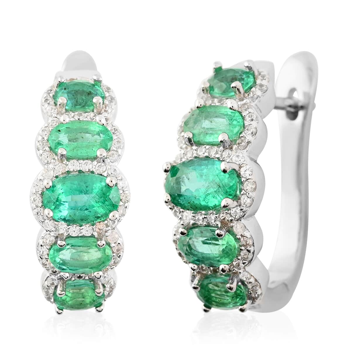 AAA Kagem Emerald and White Zircon Hoop Earrings in Rhodium Over Sterling Silver 3.00 ctw image number 0