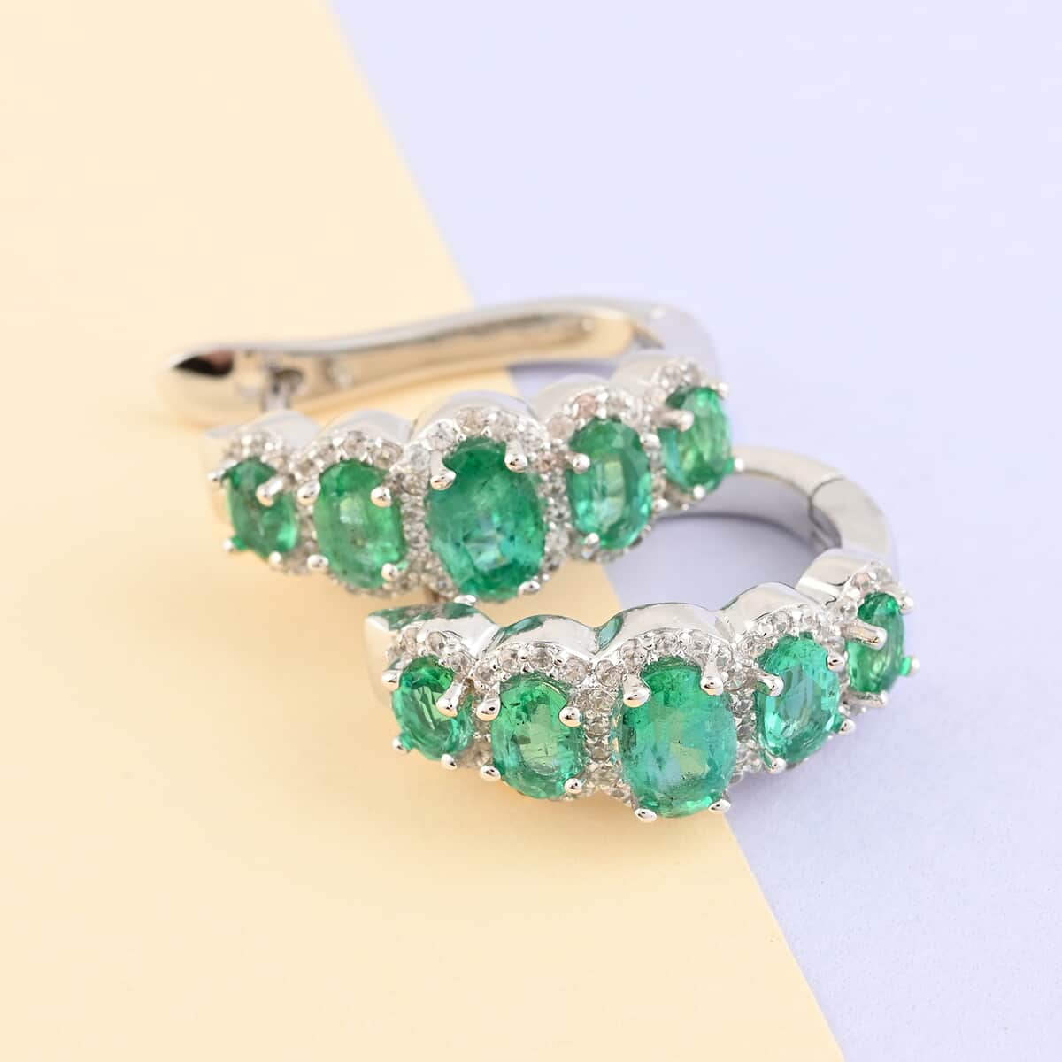 AAA Kagem Emerald and White Zircon Hoop Earrings in Rhodium Over Sterling Silver 3.00 ctw image number 1