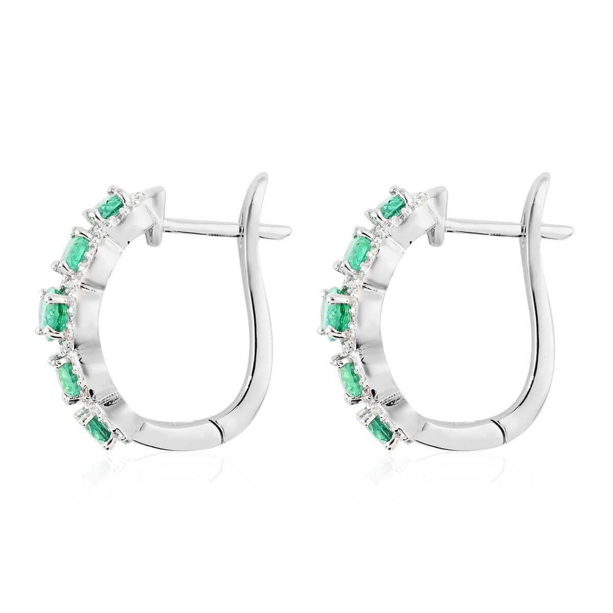 AAA Kagem Emerald and White Zircon Hoop Earrings in Rhodium Over Sterling Silver 3.00 ctw image number 3