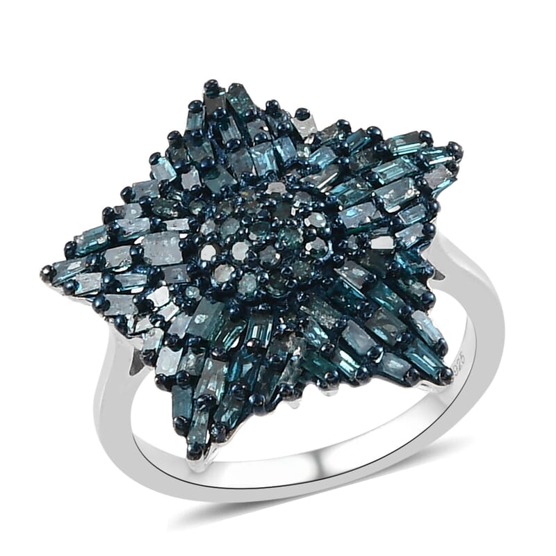 Blue Diamond Star Ring in Rhodium and Platinum Over Sterling Silver (Size 10.0) 1.00 ctw
