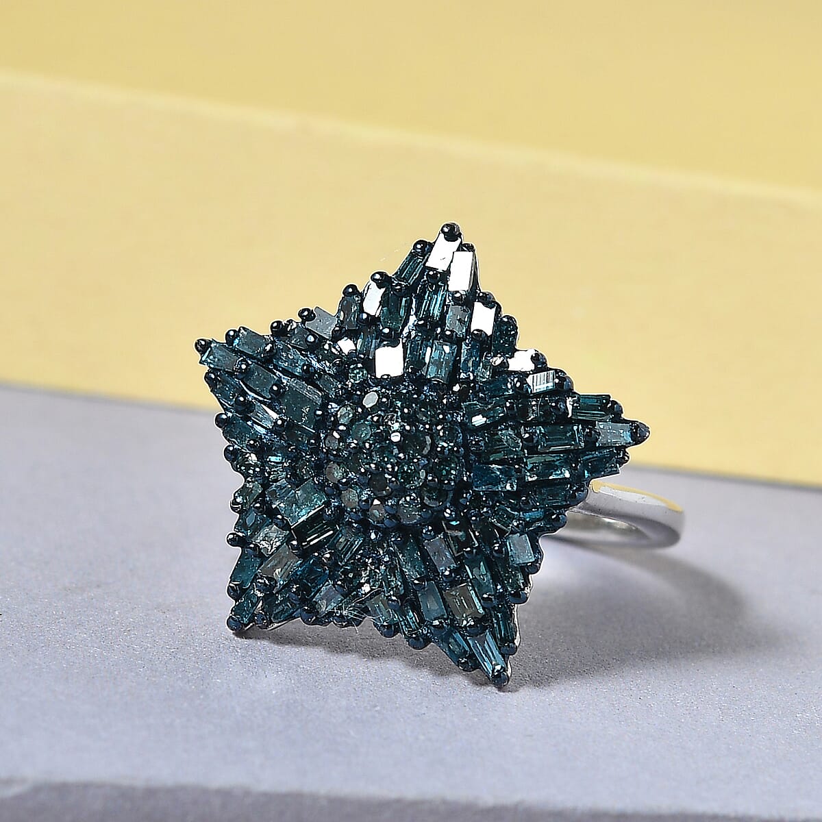 Blue Diamond Star Ring in Rhodium and Platinum Over Sterling Silver (Size 9.0) 1.00 ctw image number 1