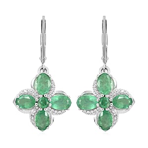 AAA Kagem Emerald and White Zircon Lever Back Earrings in Rhodium Over Sterling Silver 4.00 ctw