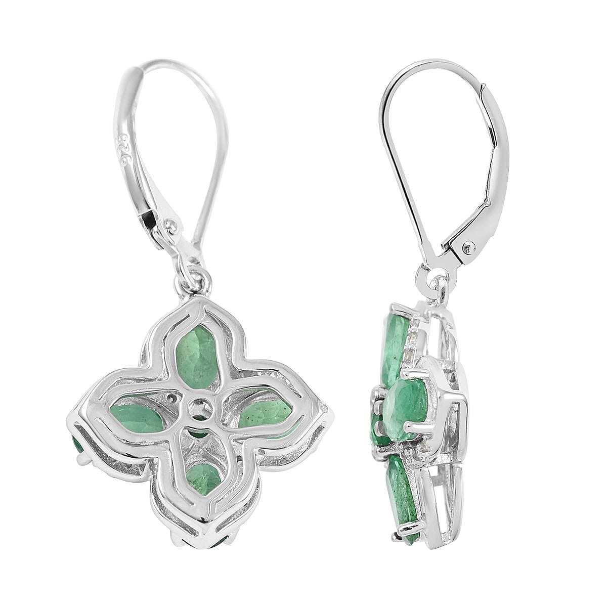 AAA Kagem Emerald and White Zircon Lever Back Earrings in Rhodium Over Sterling Silver 4.00 ctw image number 3