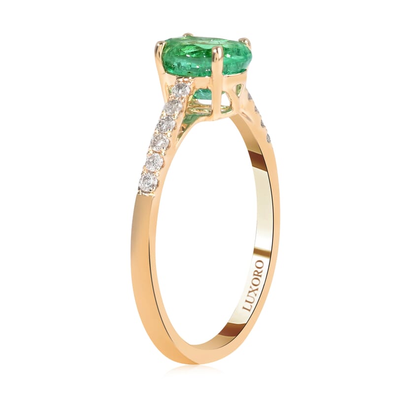 Certified Luxoro 14K Yellow Gold AAA Ethiopian Emerald and G-H I1 Diamond Ring (Size 10.0) 1.00 ctw