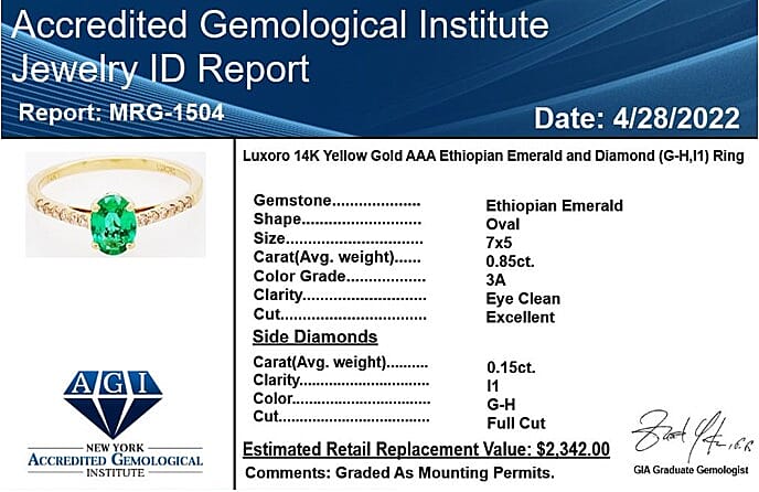 Certified Luxoro 14K Yellow Gold AAA Ethiopian Emerald and G-H I1 Diamond Ring (Size 10.0) 1.00 ctw