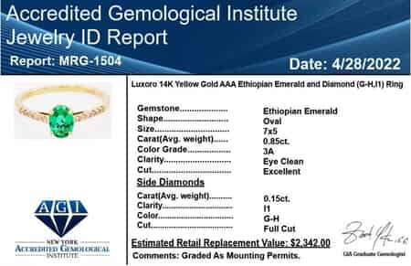 Certified & Appraised Luxoro 14K Yellow Gold AAA Ethiopian Emerald and G-H I1 Diamond Ring (Size 6.0) 1.00 ctw image number 6