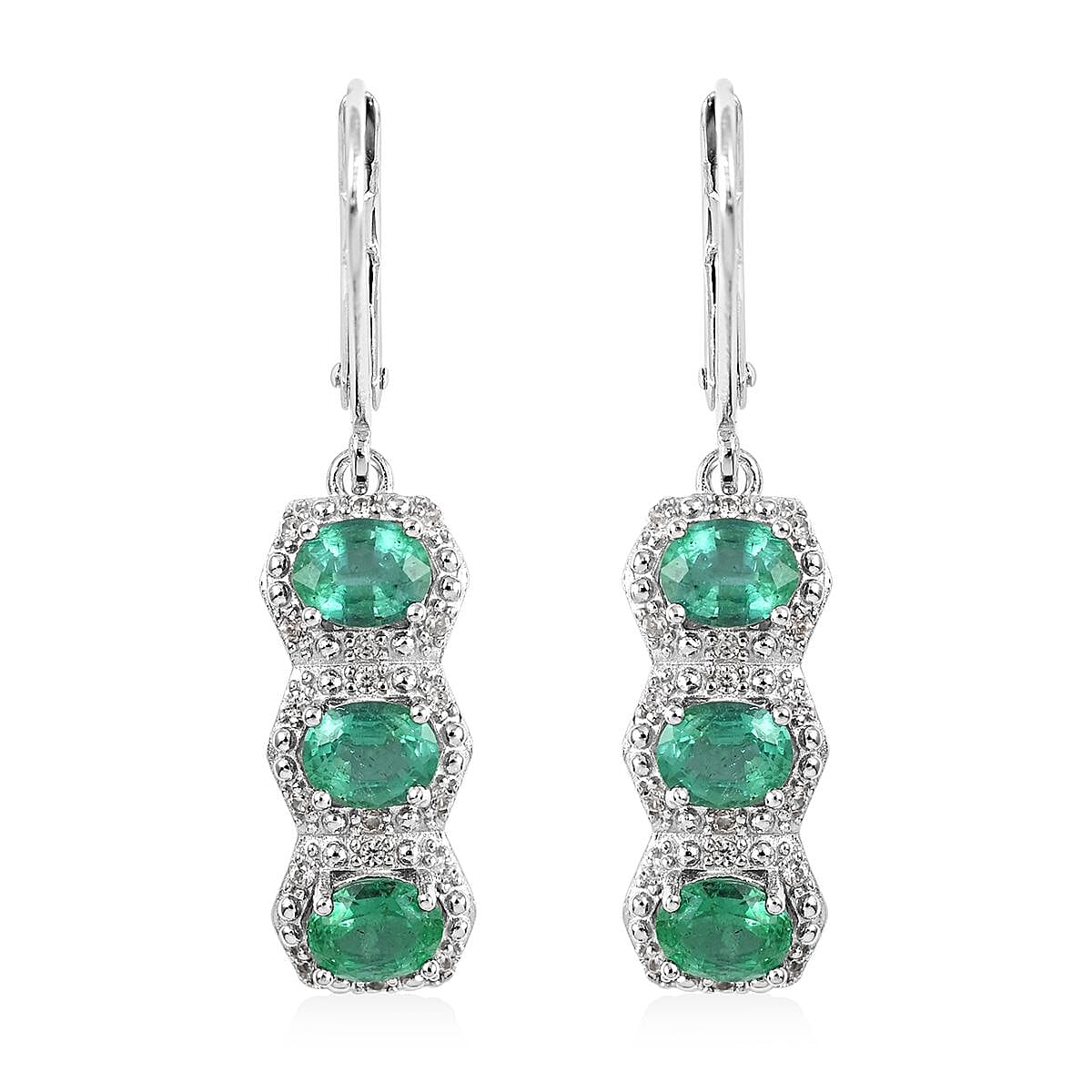 AAA Kagem Emerald and White Zircon Line Earrings in Rhodium Over Sterling Silver 2.20 ctw