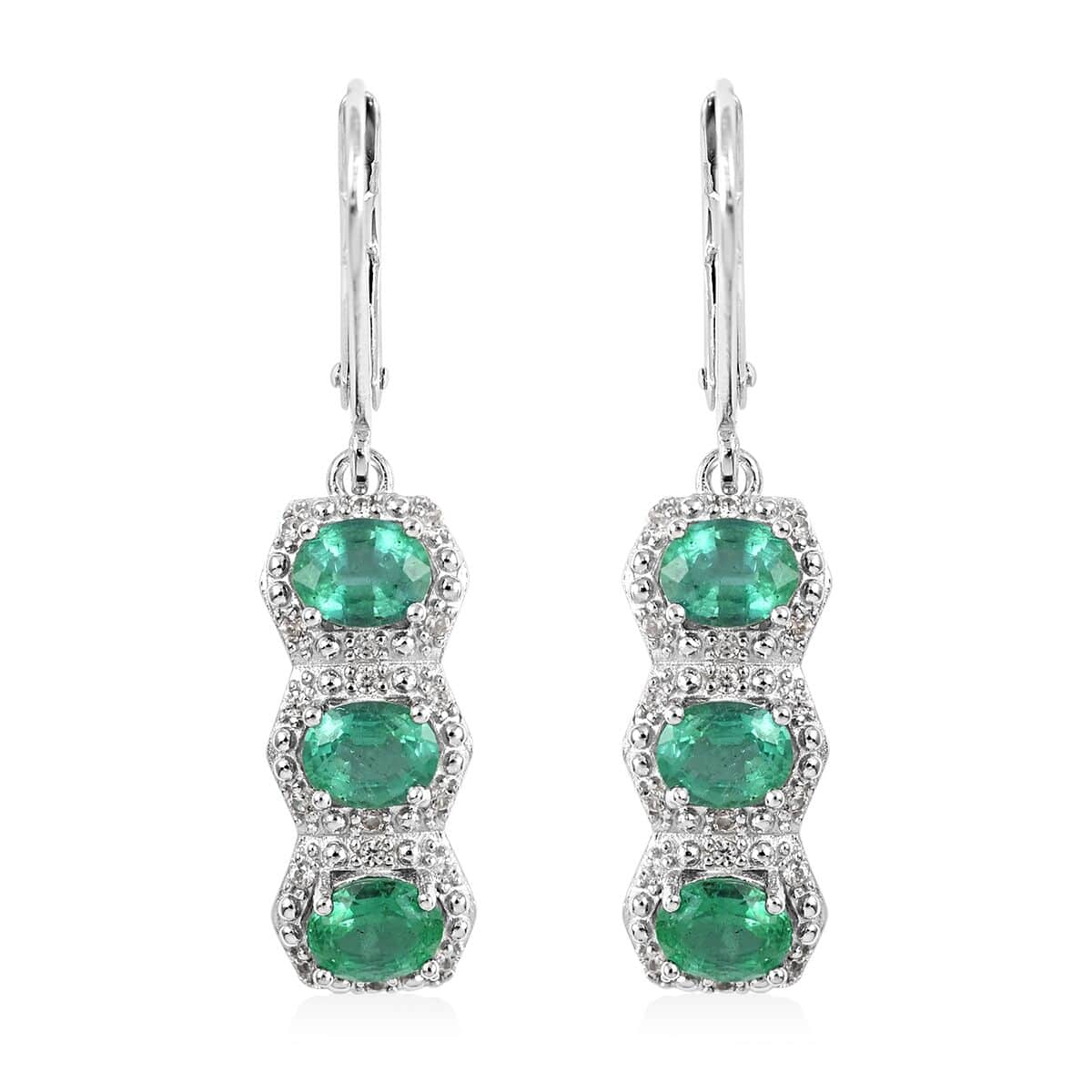 AAA Kagem Emerald and White Zircon Line Earrings in Rhodium Over Sterling Silver 2.20 ctw image number 0