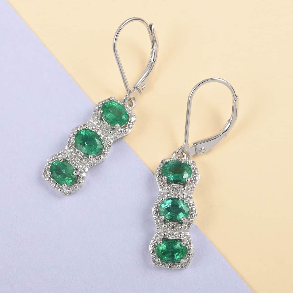 AAA Kagem Emerald and White Zircon Line Earrings in Rhodium Over Sterling Silver 2.20 ctw image number 1
