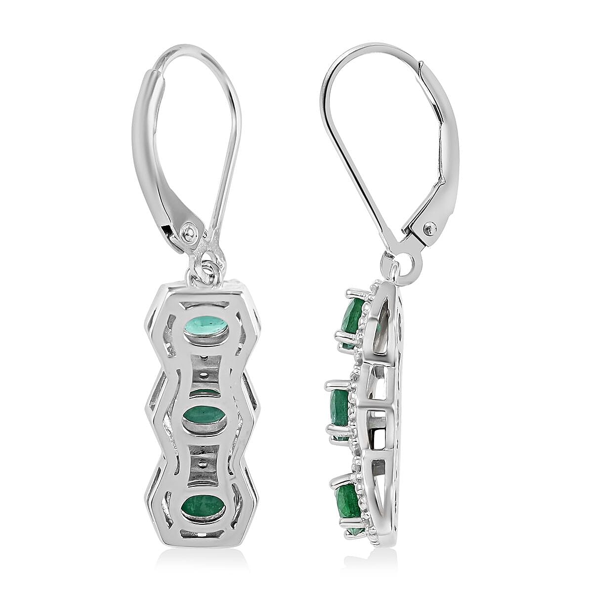 AAA Kagem Emerald and White Zircon Line Earrings in Rhodium Over Sterling Silver 2.20 ctw