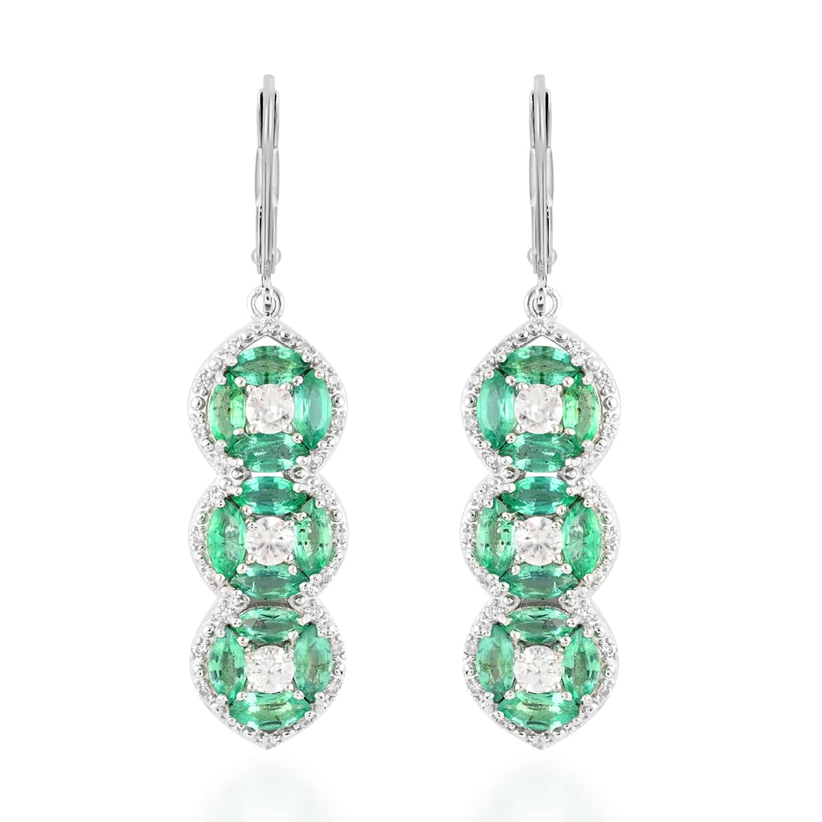AAA Kagem Emerald and White Zircon Line Earrings in Rhodium Over Sterling Silver 4.35 ctw image number 0
