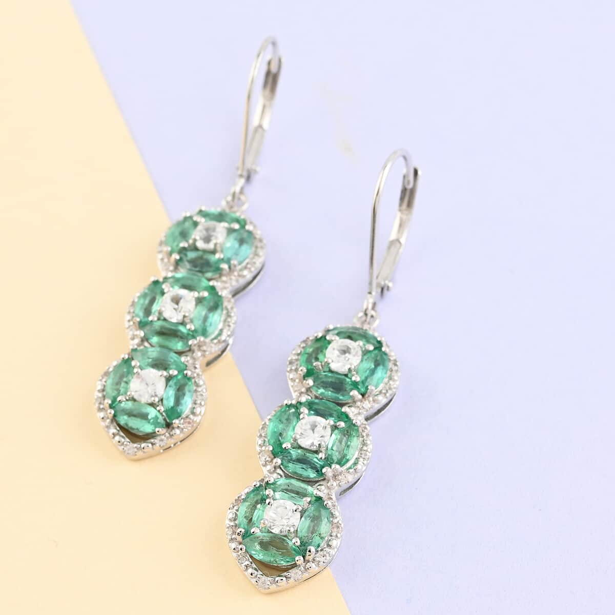 AAA Kagem Emerald and White Zircon Line Earrings in Rhodium Over Sterling Silver 4.35 ctw image number 1