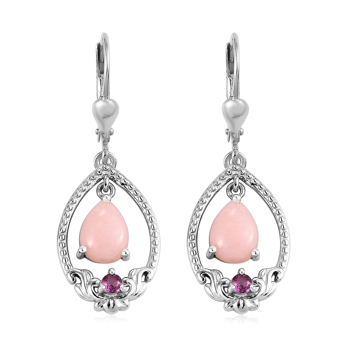 Peruvian Pink Opal and Orissa Rhodolite Garnet Drop Earrings in Platinum Over Sterling Silver 2.15 ctw