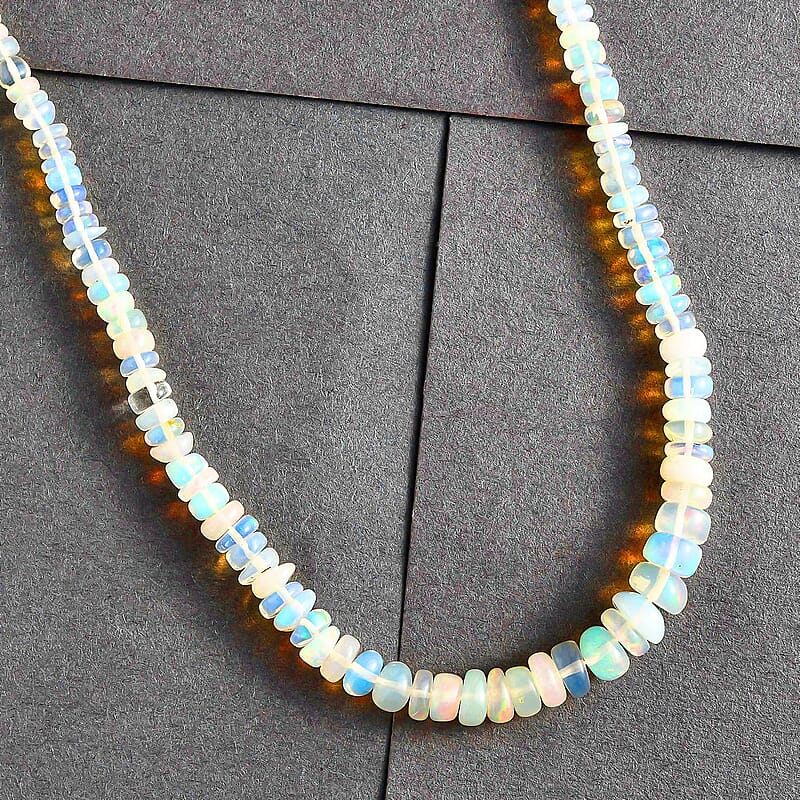 Ethiopian Opal Necklace in Sterling Silver, Welo Opal Jewelry, Bead Necklace 40.00 ctw (20 Inches)