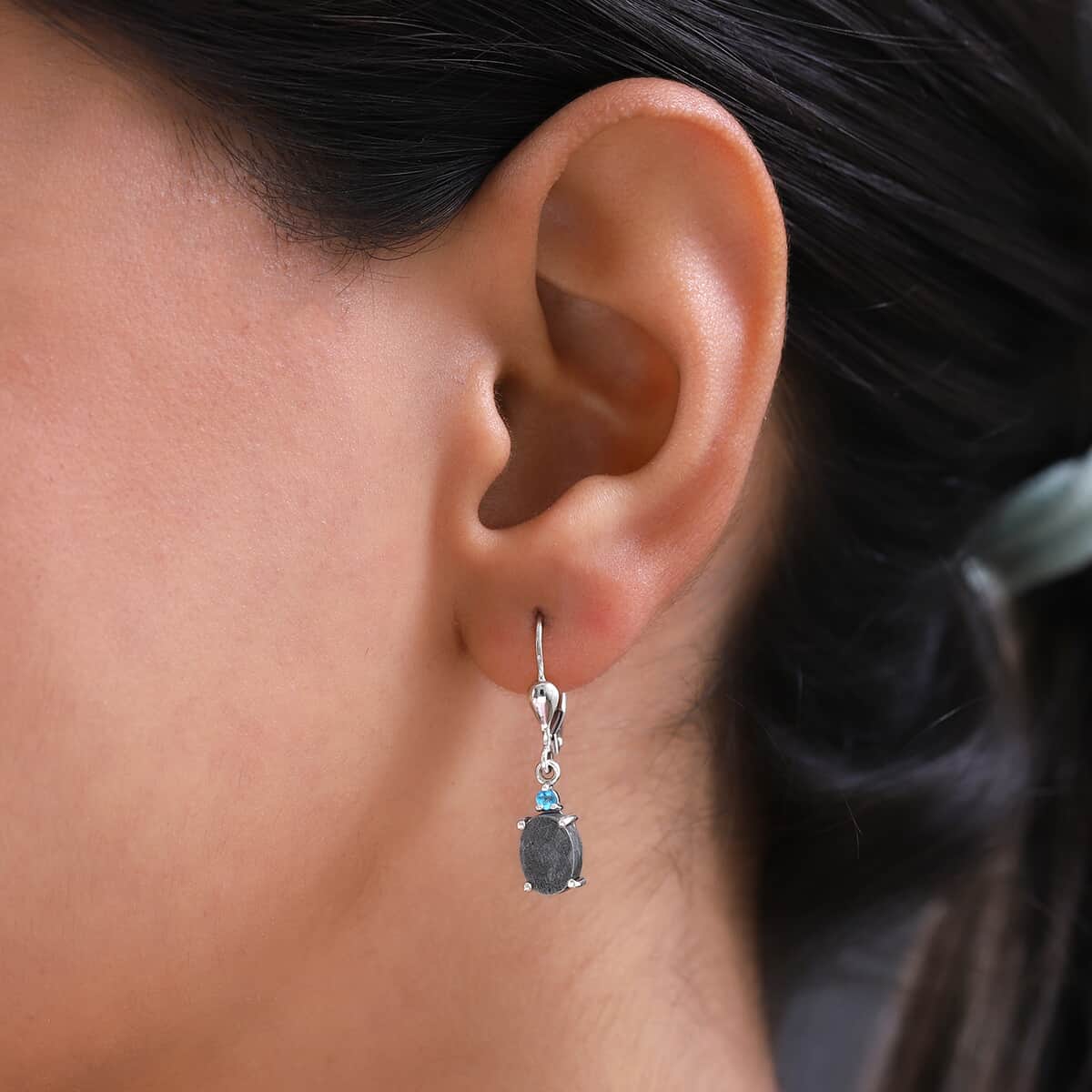 Marvelous Meteorite and Malgache Neon Apatite Lever Back Earrings in Platinum Over Sterling Silver 0.10 ctw image number 2