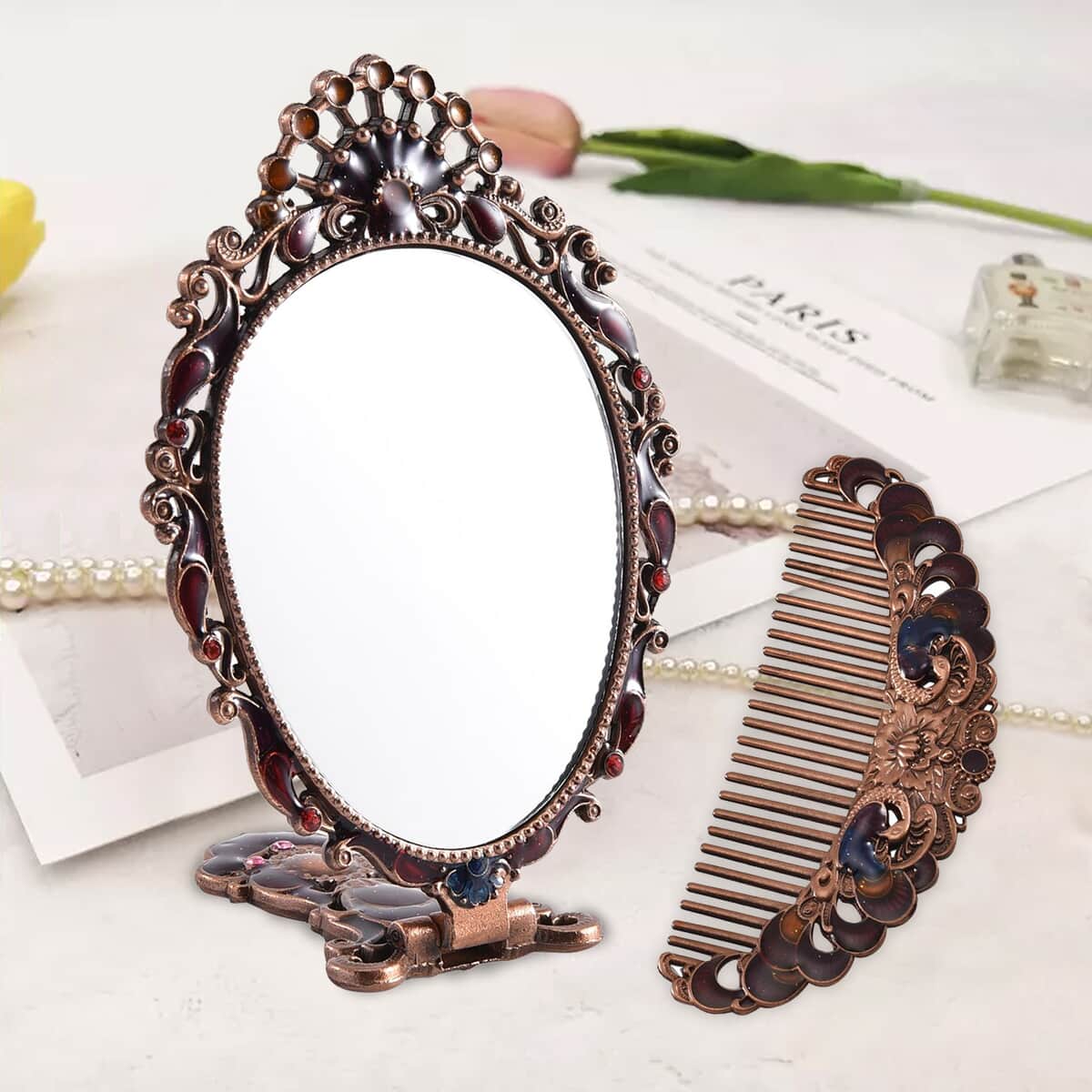 Beautech Multi Color Enameled Peacock Pattern Portable Cosmetic Mirror and Comb Set in Copper image number 1