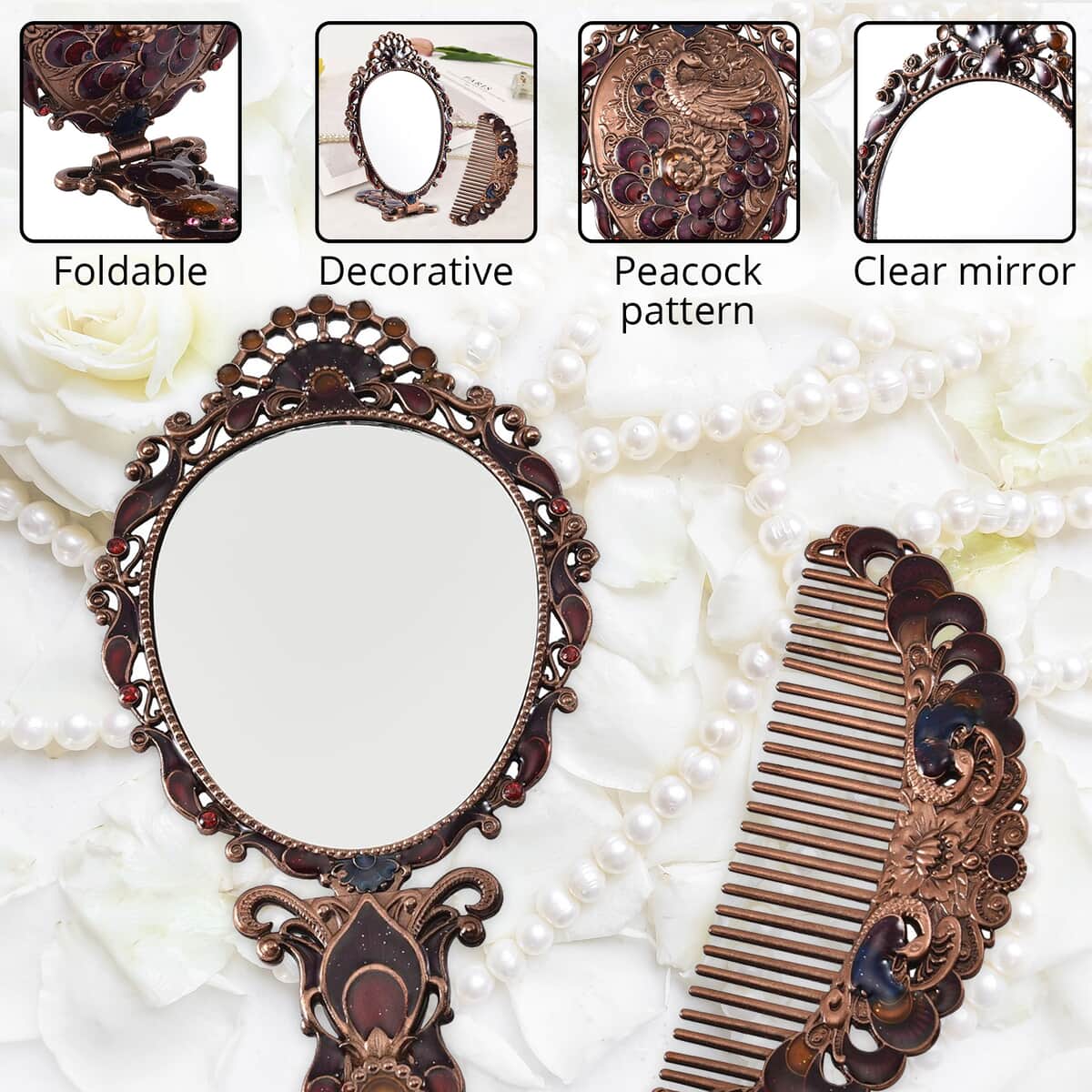 Beautech Multi Color Enameled Peacock Pattern Portable Cosmetic Mirror and Comb Set in Copper image number 2