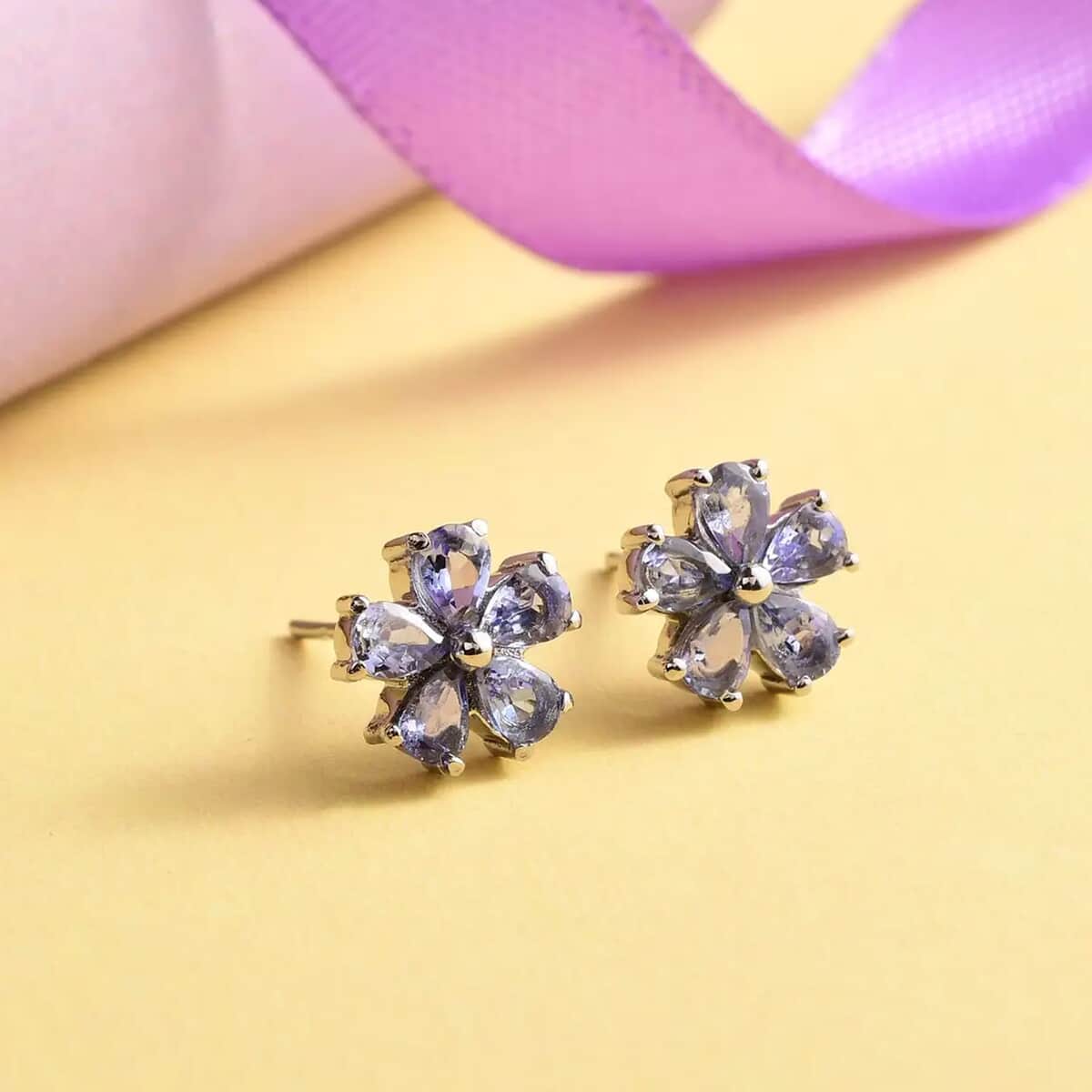 Tanzanite 1.35 ctw Floral Stud Earrings in Stainless Steel, Tanzanite Studs, Floral Stud Earrings image number 1