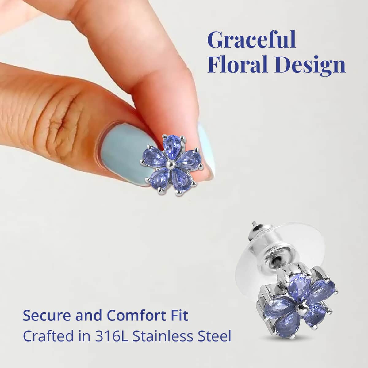 Tanzanite 1.35 ctw Floral Stud Earrings in Stainless Steel, Tanzanite Studs, Floral Stud Earrings image number 3