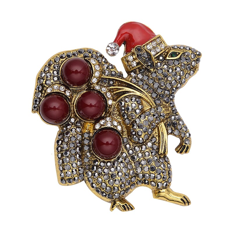 Simulated Red Color Resin, Multi Color Austrian Crystal, Red Enameled Santa Cap Brooch in Goldtone 12.00 ctw
