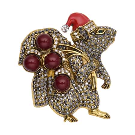 Simulated Red Color Resin, Multi Color Austrian Crystal, Red Enameled Santa Cap Brooch in Goldtone 12.00 ctw image number 0