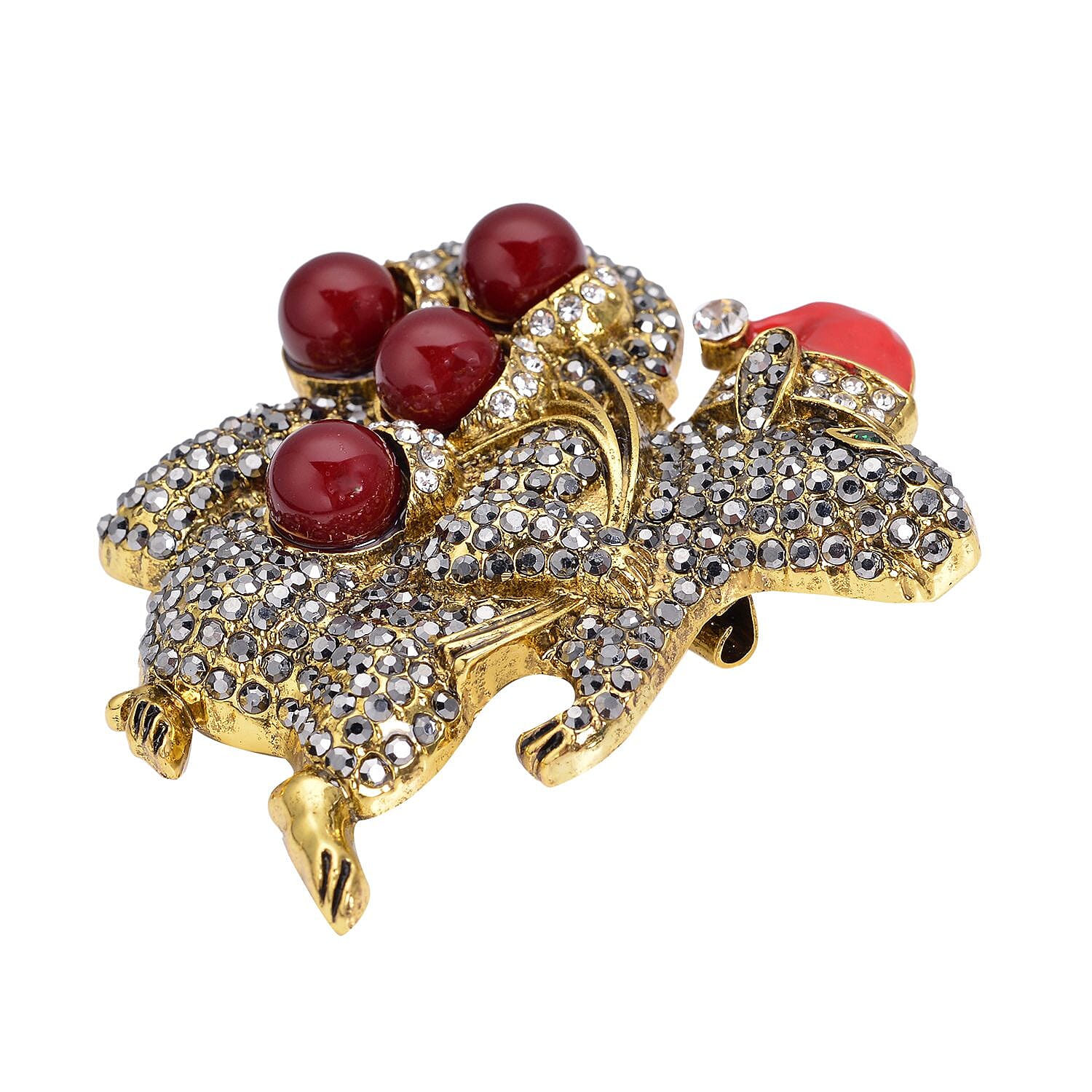 Simulated Red Color Resin, Multi Color Austrian Crystal, Red Enameled Santa Cap Brooch in Goldtone 12.00 ctw