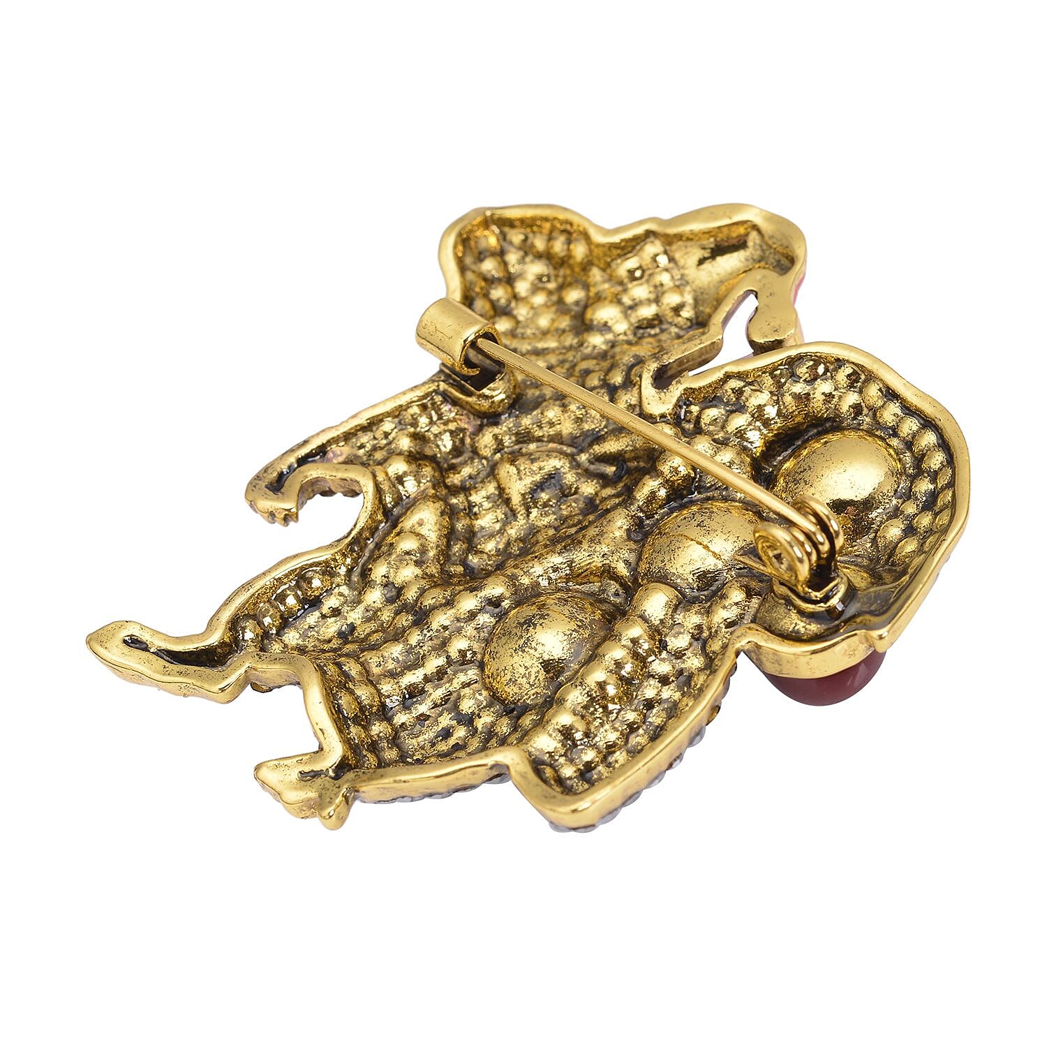 Simulated Red Color Resin, Multi Color Austrian Crystal, Red Enameled Santa Cap Brooch in Goldtone 12.00 ctw