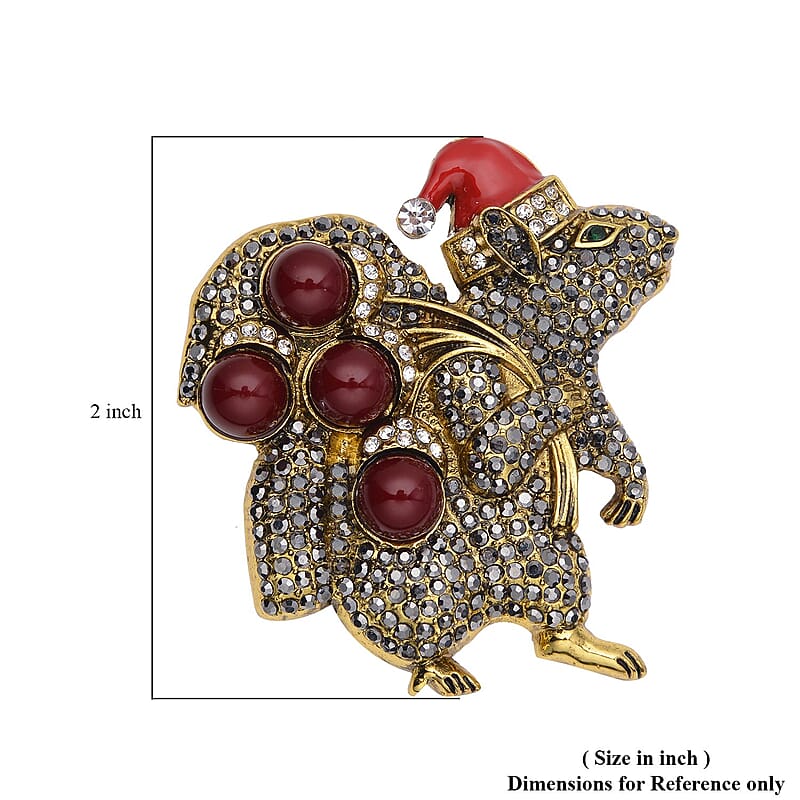 Simulated Red Color Resin, Multi Color Austrian Crystal, Red Enameled Santa Cap Brooch in Goldtone 12.00 ctw